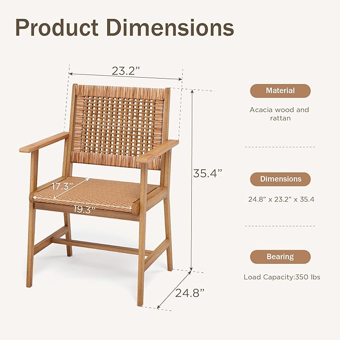 PHI VILLA Outdoor Acacia Wood Dining Chairs Set of 6, Armchairs with Strong Wicker Back & Seat, Farmhouse Style Teak Patio Deck Yard Balcony Garden Furniture