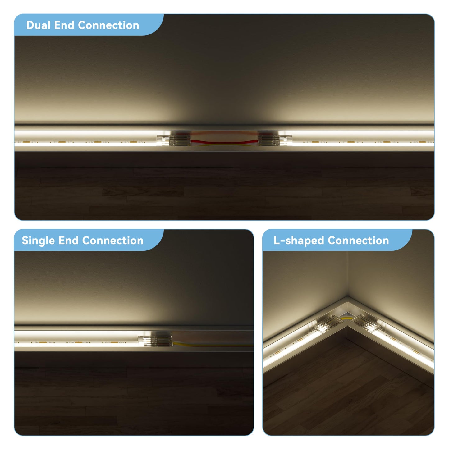 PAUTIX 10mm Connectors for 3-Pin CCT COB LED Strip Lights,20pcs Strip to Wire Connectors,10ft(305cm) Long 22AWG Extension 3 Wires for Non-Wired Gapless Solderless,5V 12V 24V LED Strip Lights Jumper