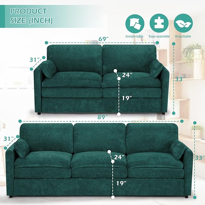 ACMEASE 2 Pieces Chenille Sofa Set w/Arm Pillows, Upholstered Loveseat & 3 Seater Sofa w/Comfortable Back Cushions, Modern 2-Seat & 3-Seat w/High-Density Foam for Living Room, Apartment, Teal