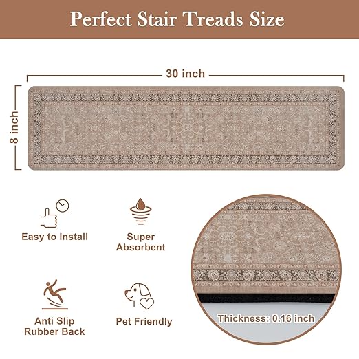 OJIA Vintage Stair Treads for Wooden Steps Indoor 15PCS 30"x8" Non-Slip Stair Runner Carpet Stair Treads Mats Staircase Step Treads for Kids, Elders and Dogs, Rubber Step Covers