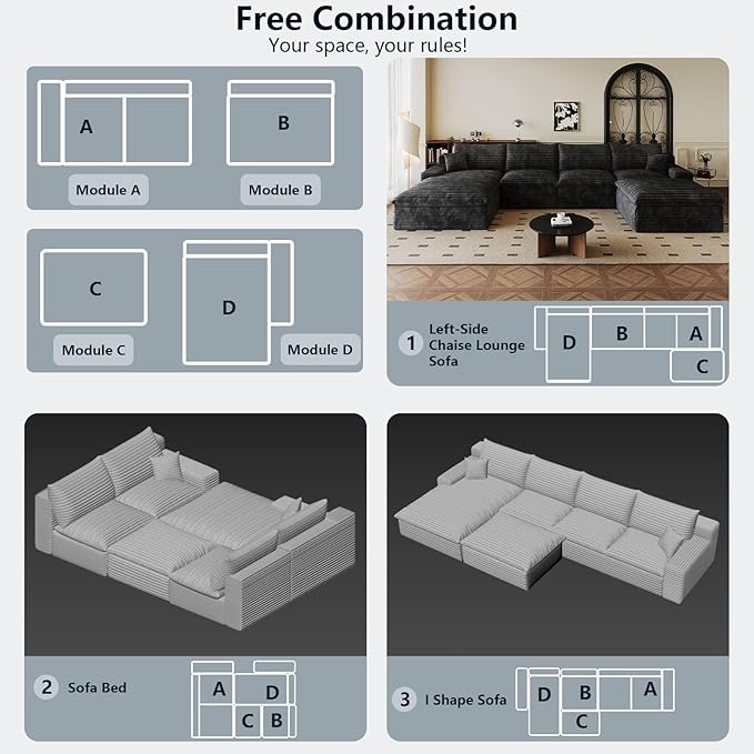 136" Cloud Sectional Couch U-Shaped Chaise with Ottoman, Corduroy Boneless Couch for Living Room Bedroom, Deep-Seat Upholstered Modular Cloud Sofa, No Assembly Required (Black, Left Facing Chaise)