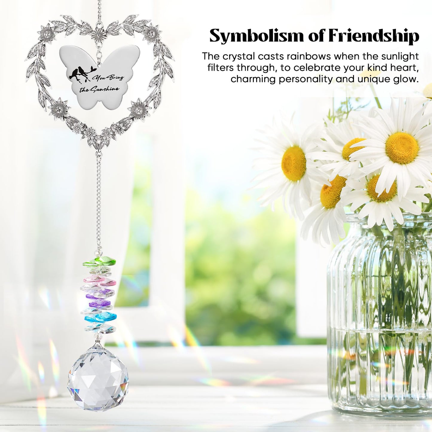 Elivida Friendship Gift Suncatcher, Best Friend Crystal Hanging Ornament for Window, Friend Birthday Gifts Unique Rainbow Maker, You Bring The Sunshine Farewell Graduation Gift for Bestie