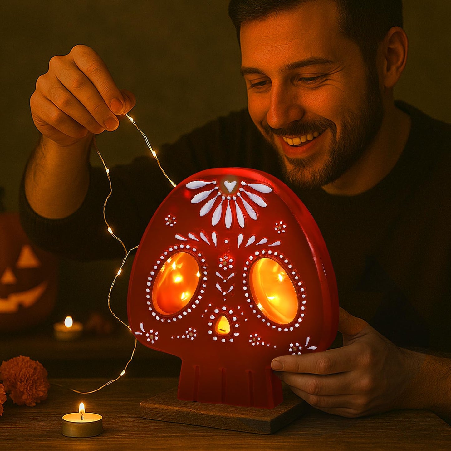 Mexican Skull Table Decor 7.9 Inch Day of The Dead Sugar Skull Dia De Los Muertos Figurines Skeleton Statue Resin Table Centerpiece Ornaments for Halloween Tabletop Mantel Home Decoration Indoor