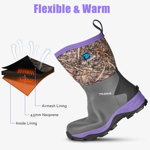 Trudave Rubber Rain Boots for Women, Neoprene Insulated Mud Work Boots, Anti-slip Breathable Mid-calf Womens Waterproof Boots for Garden, Water Fishing, Purple, Size 9