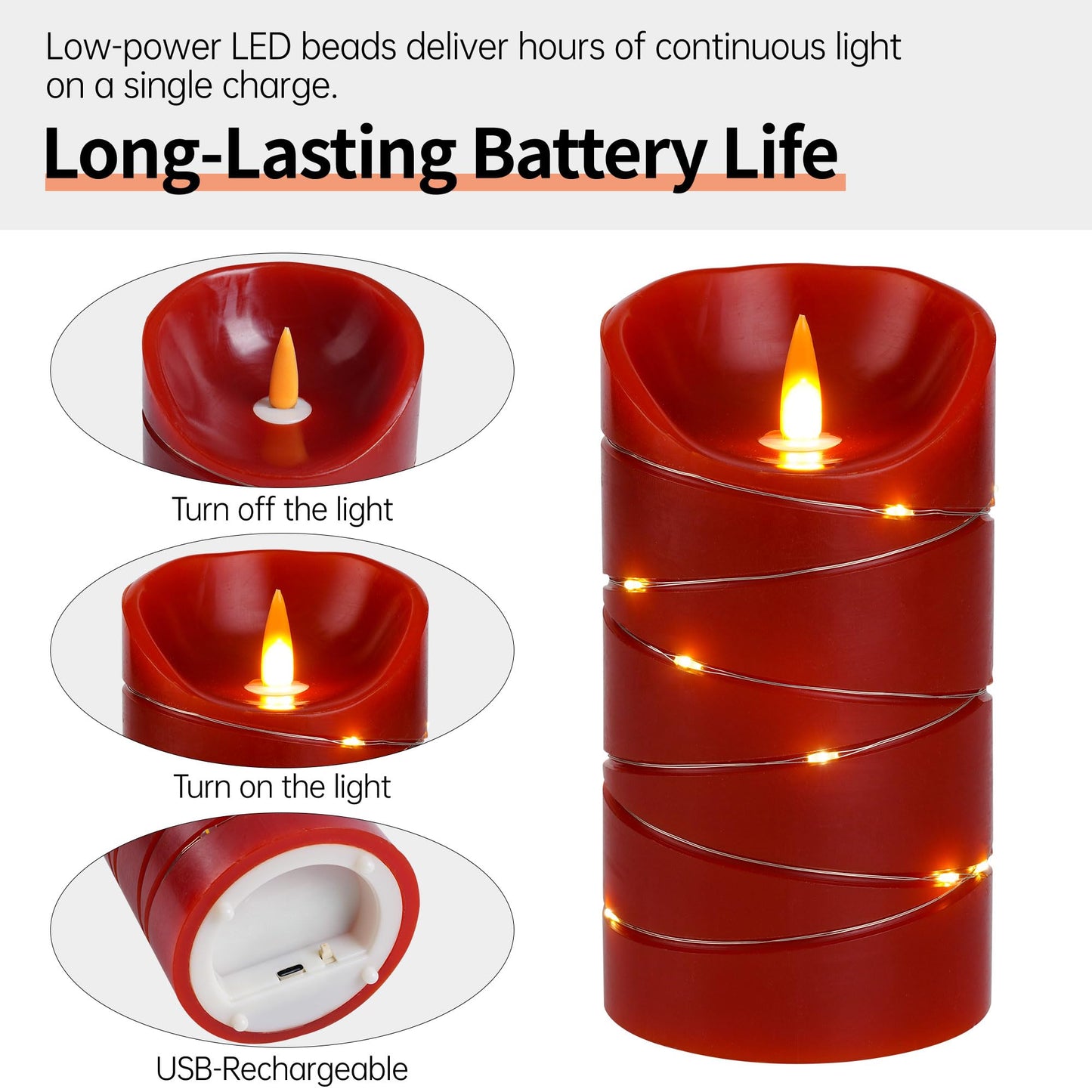 Red Rechargeable LED Flameless Candles 3-Piece Set (4/5/6 Inches) - Real Wax with String Lights, Remote Control & Timer, Safe Realistic Flames for Christmas/Halloween Holiday Home Decorations