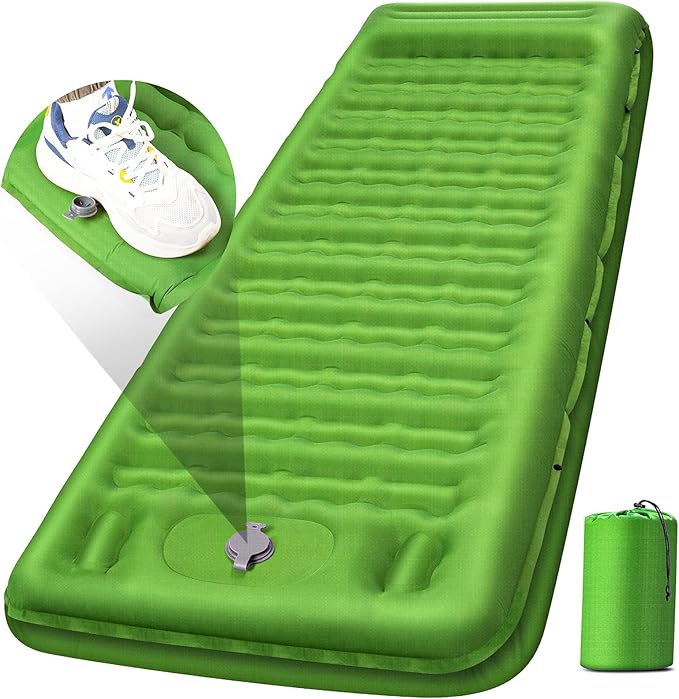 Camping Sleeping Pad, Extra Thick 5 Inch Camping Mat with Pillow, Built-in Foot Pump Inflatable Sleeping Pads Compact for Camping Backpacking Hiking Traveling Tent as Camping Essentials（Green）