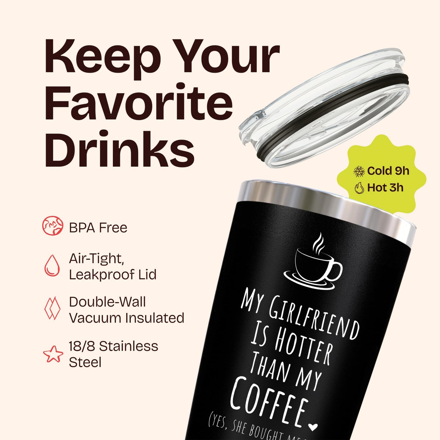 KLUBI Gifts For Him Boyfriend - My Girlfriend Is Hotter Than My Coffee Mug 20oz Cute Birthday Gifts for Boyfriend Coffee Mug for Men Black Tumbler with Straw