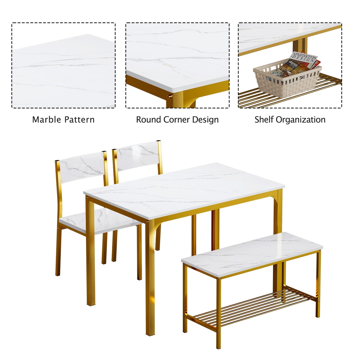sogesfurniture Modern 4-Piece Kitchen Dining Table Set with 1 Bench and 2 Chairs, Kitchen Bench Table Set for 4, Wooden Kitchen Table and Chairs for Limited Space,Gold