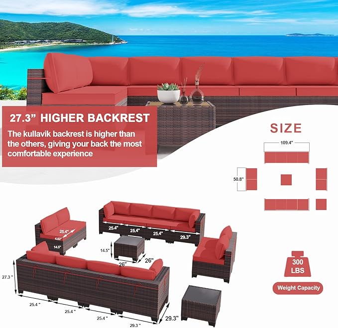 Kullavik 14 Pieces Outdoor Patio Furniture Set,Sectional Rattan Sofa Set Brown PE Rattan Wicker Patio Conversation Set with Tempered Glass Coffee Tables and Washable Cushions Covers,Red
