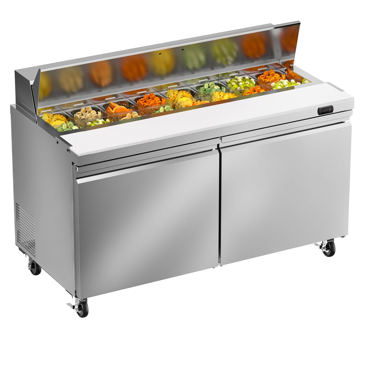 Rockitch 60" W Commercial Refrigerator Sandwich Salad Prep Table, 17.8 Cu.ft 2 Door Commercial Stainless Steel Food Prep Fridge with 16 Pans, Salad Prep Station for Restaurant, Bar, Shop, etc.