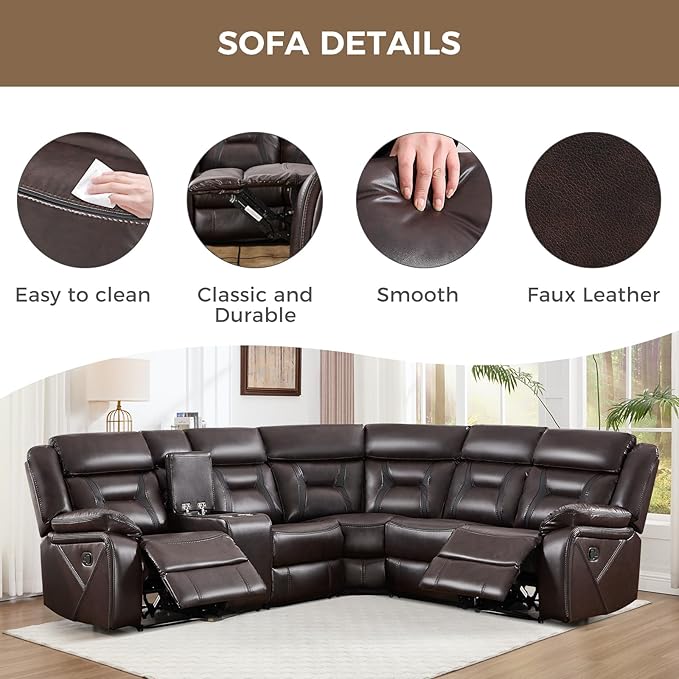 EBELLO Manual Reclining Sectional Sofa for Living Room, L-Shaped Sectional Corner Reclining Sectional Couches Home Furniture Set with Center Console, Hidden Cup Holders and Storage, Dark Brown