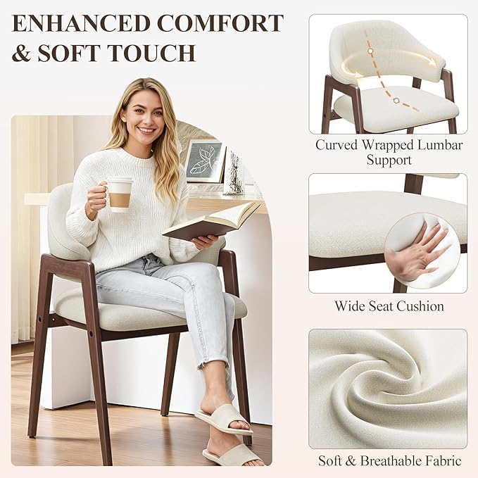 MALOL Wooden Dining Chairs Set of 2, Modern Fabric Upholstered Dining Room Chair, Kitchen Side Chairs, Farmhouse Dinner Chair with Curved Open Back for Kitchen, Beige