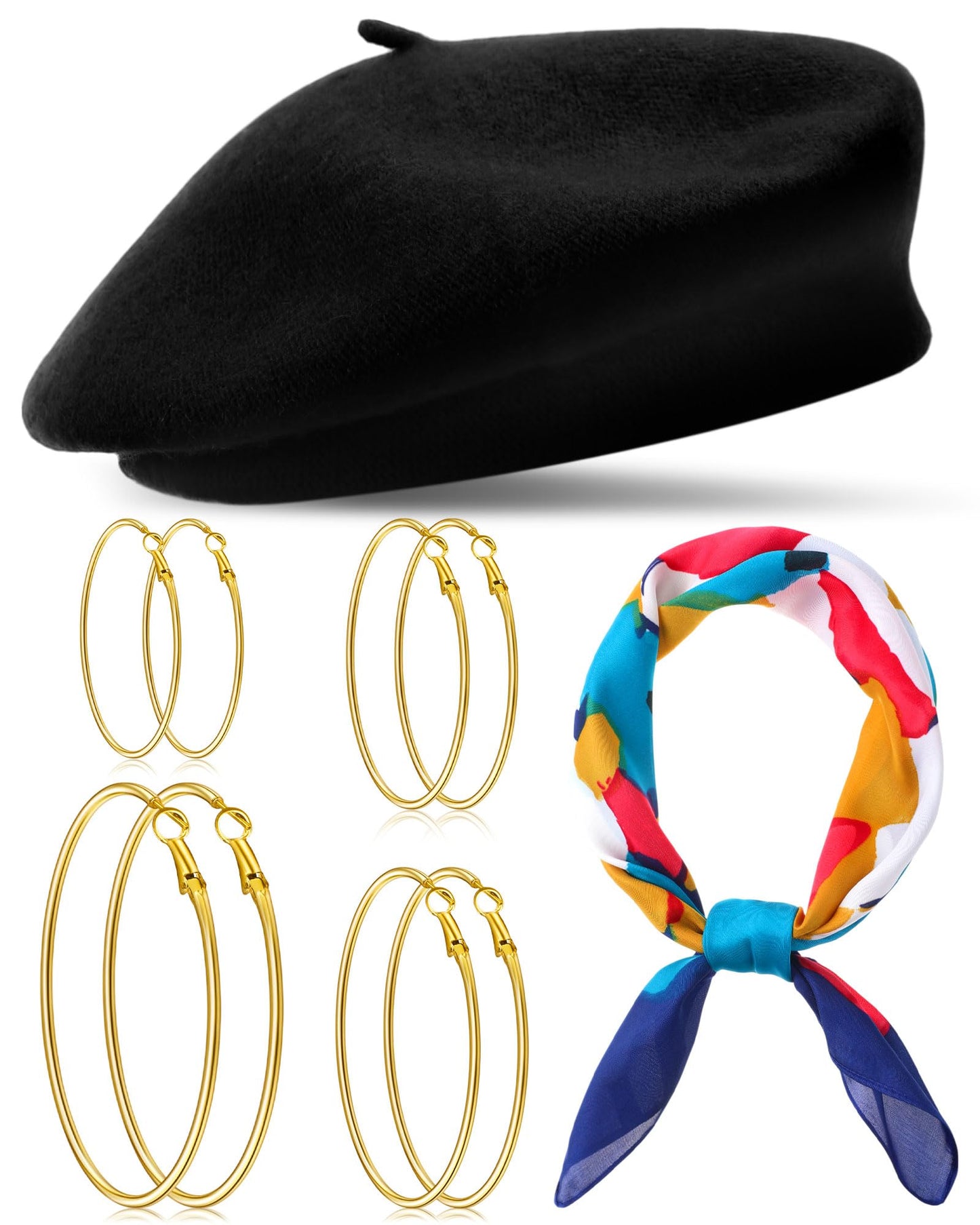 Shyyween 6 Pcs Silk Feeling Scarf 27.5 Inch French Beret Hats for Women Gold Plated Hoop Earrings Set Satin Oil Paint Head Scarf for Gift(Black)