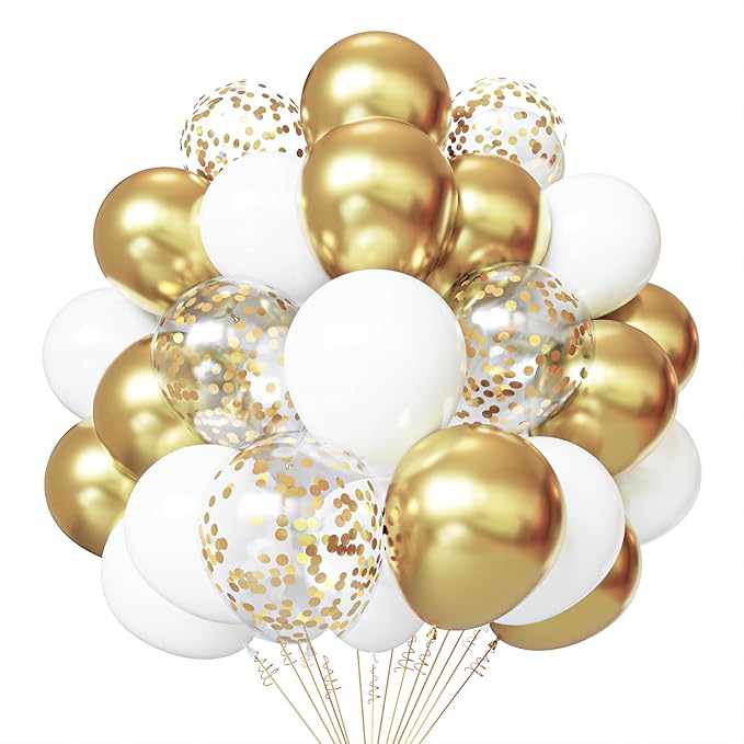 White and Gold Confetti Latex Balloons, 50 Pack 12 inch gold and white Party Balloons with Ribbons for Birthday Graduation...
