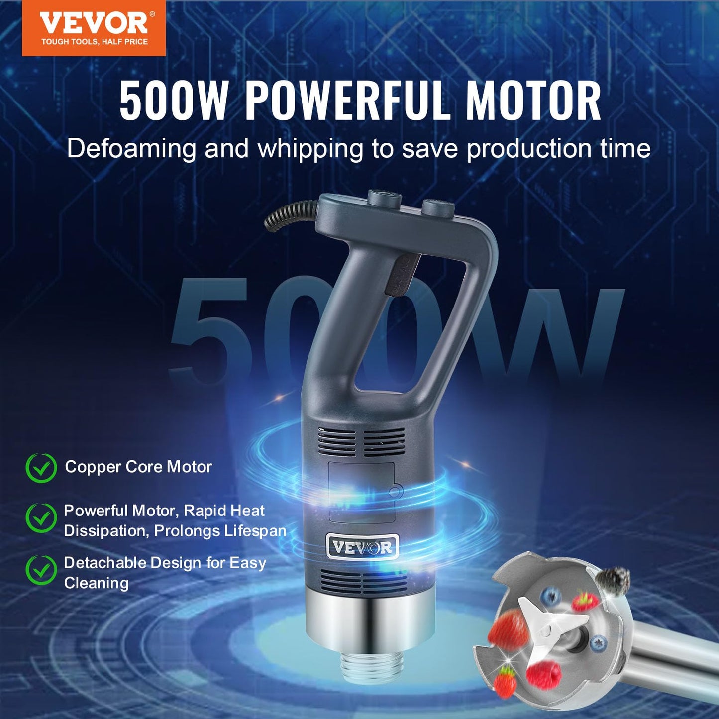 VEVOR Commercial Immersion Blender, 500W Heavy Duty Hand Mixer, 16 inch Stepless Variable Speed Mixer with Stainless Steel Blade, Multi-Purpose Portable Mixer for Soup, Sauces, Mashed Potatoes, Cream