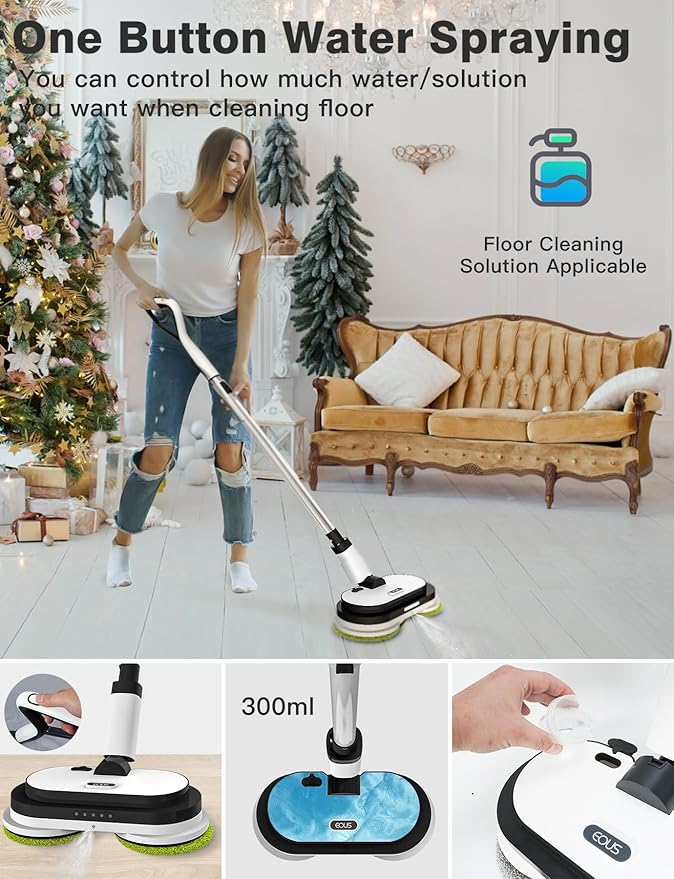 Cordless Electric Mop, Floor Cleaner with LED Headlight & Water Sprayer, Up to 60 Mins Detachable Battery, Dual-Motor Powerful Spin Mop, 300ML Water Tank for Multi-Surface, Self-Propelled