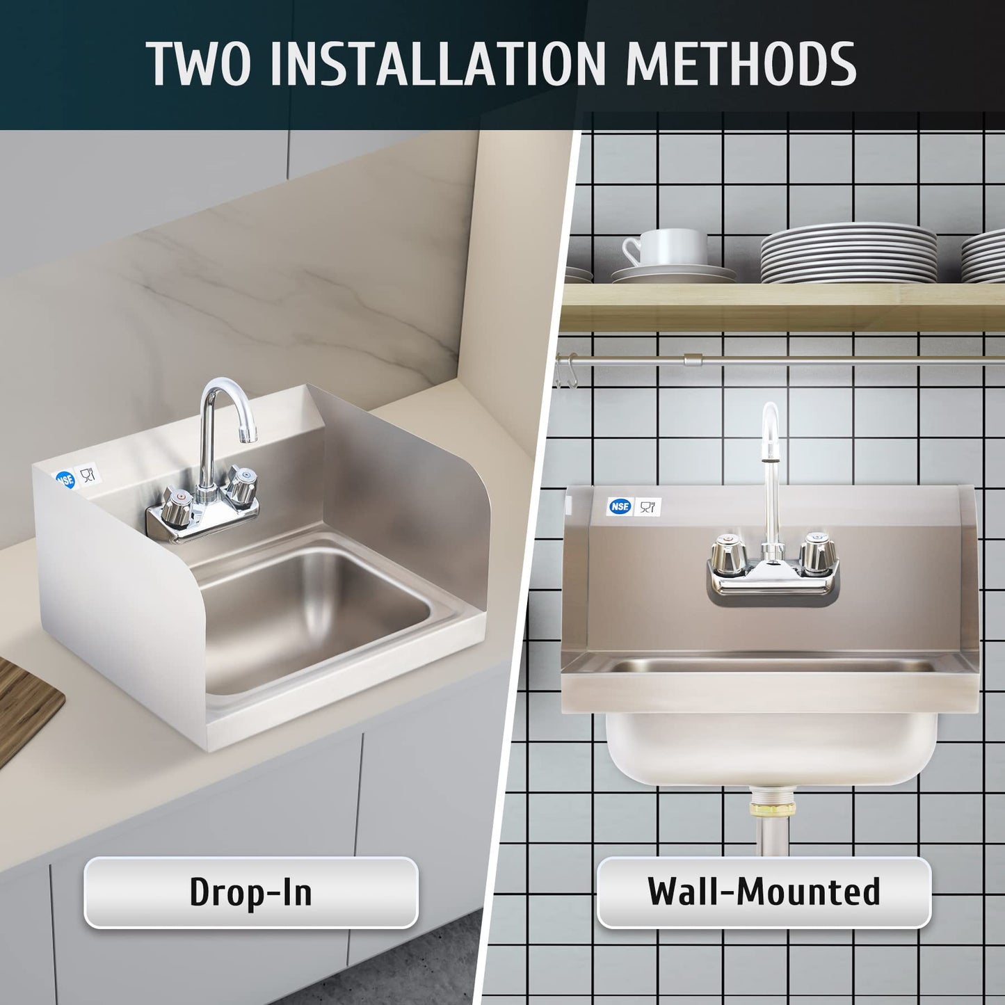 WILPREP Commercial Hand Sink, NSF Stainless Steel Sink Commercial Utility Sink with Gooseneck Faucet and Strainer, 17x15 Inch Wall Mount Kitchen Sink for Restaurant Bar RV Bathroom Laundry Room