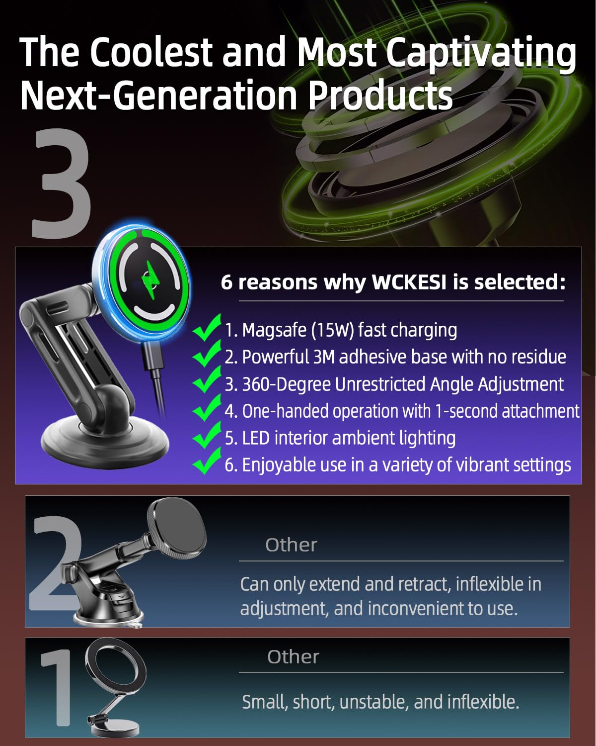 Wckesi Qi2 15W For Magsafe Car Mount Charger, Led Ambient Light, Retractable With Long Arm & 360Rotation, Dash Magnetic Wireless