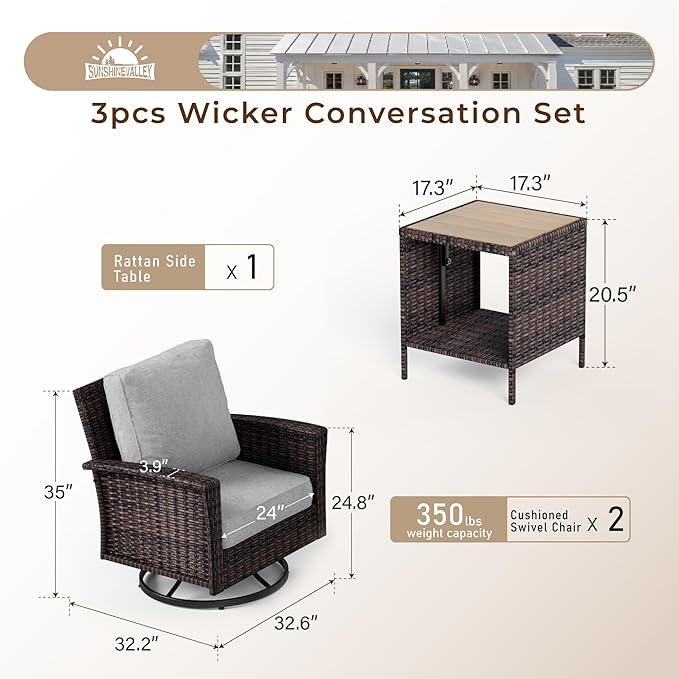 SUNSHINE VALLEY Patio Wicker Swivel Chairs Set of 2, Outdoor High Back Chairs with 5.5" Waterproof Cushions and Side Table, Outdoor Furniture Set for Deck Porch and Yard, Peacock Blue