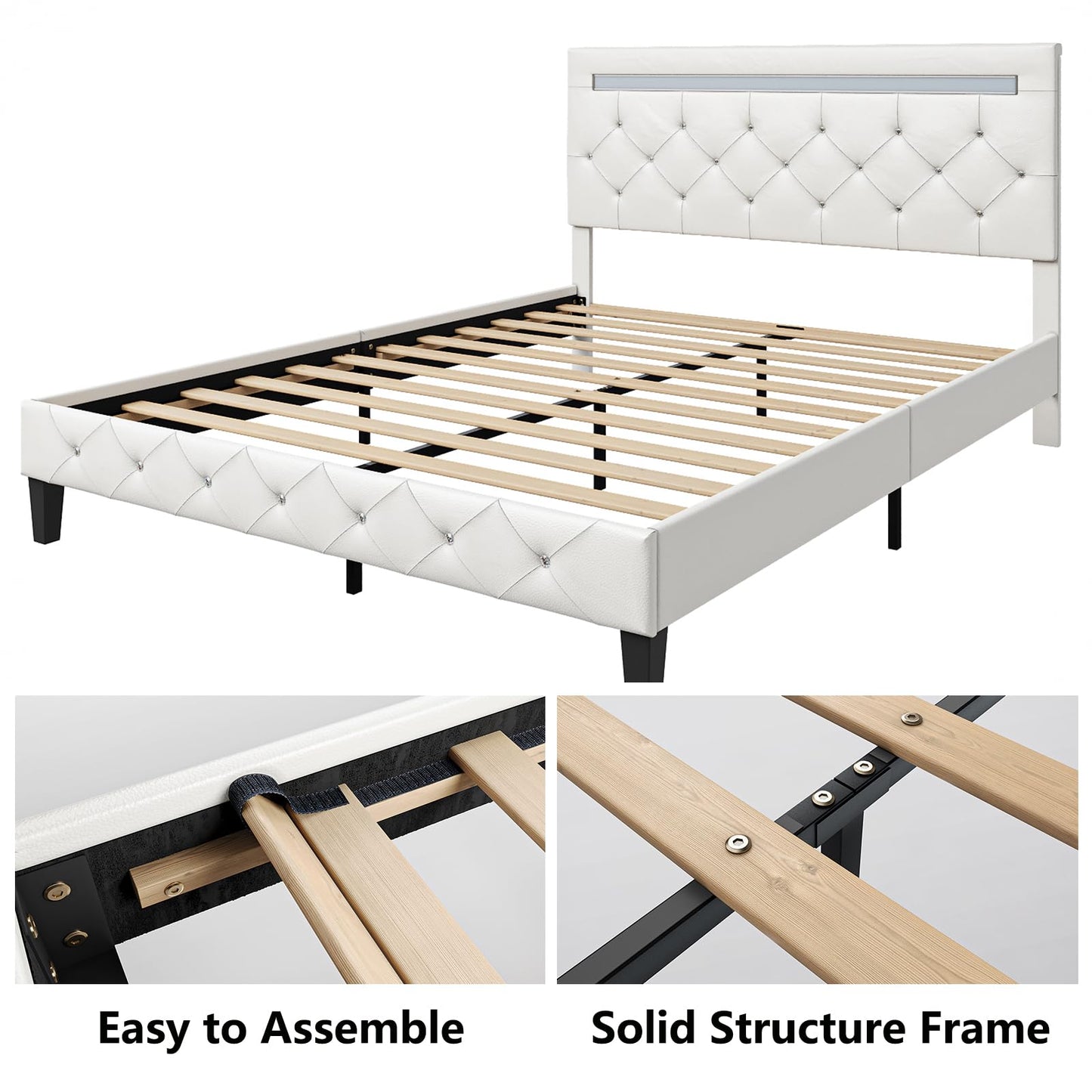Benevika Full Size Bed Frame with LED Lights, Upholstered Platform Bed Frame, Adjustable Headboard with Charging Station, Wooden Slats Support, Easy Assembly, No Box Spring Needed, White