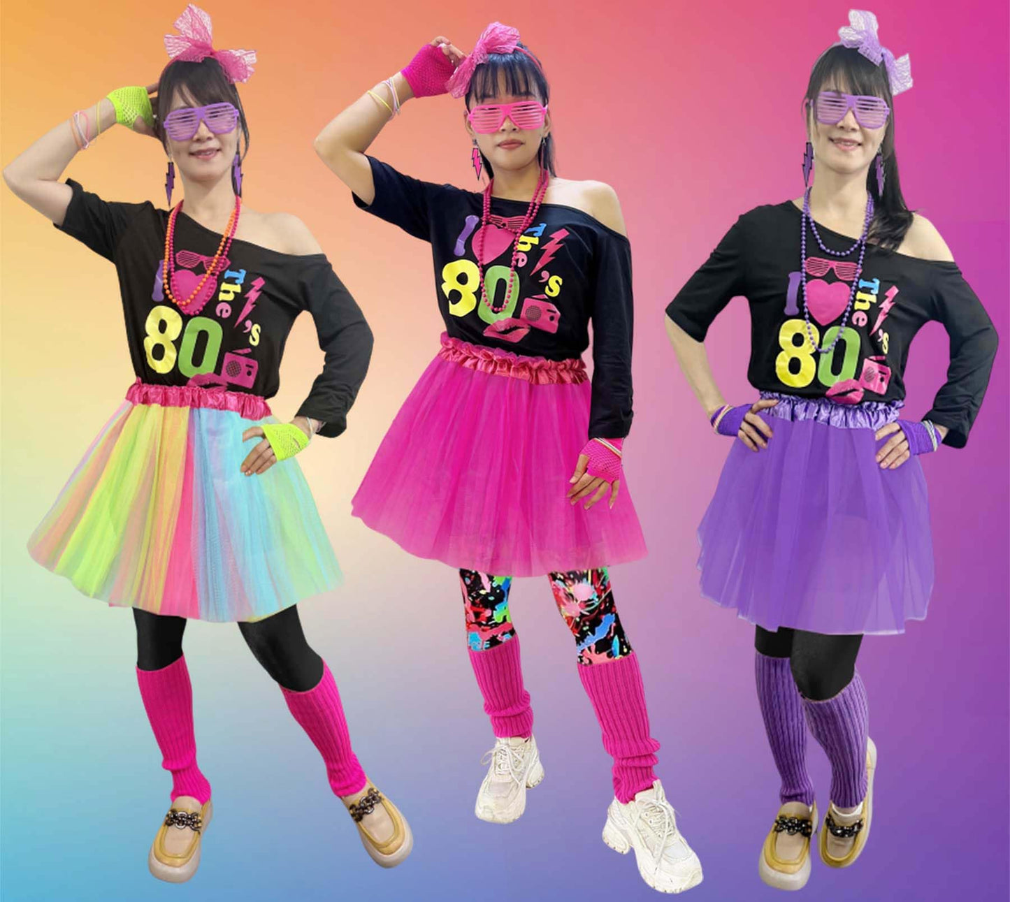GDXINYES 22 Pieces Halloween Women 80s Costume Accessories Set 80s Cosplay costume for women 1980s outfits 80's costume outfits (Rainbow Dress+Black Leggings M)