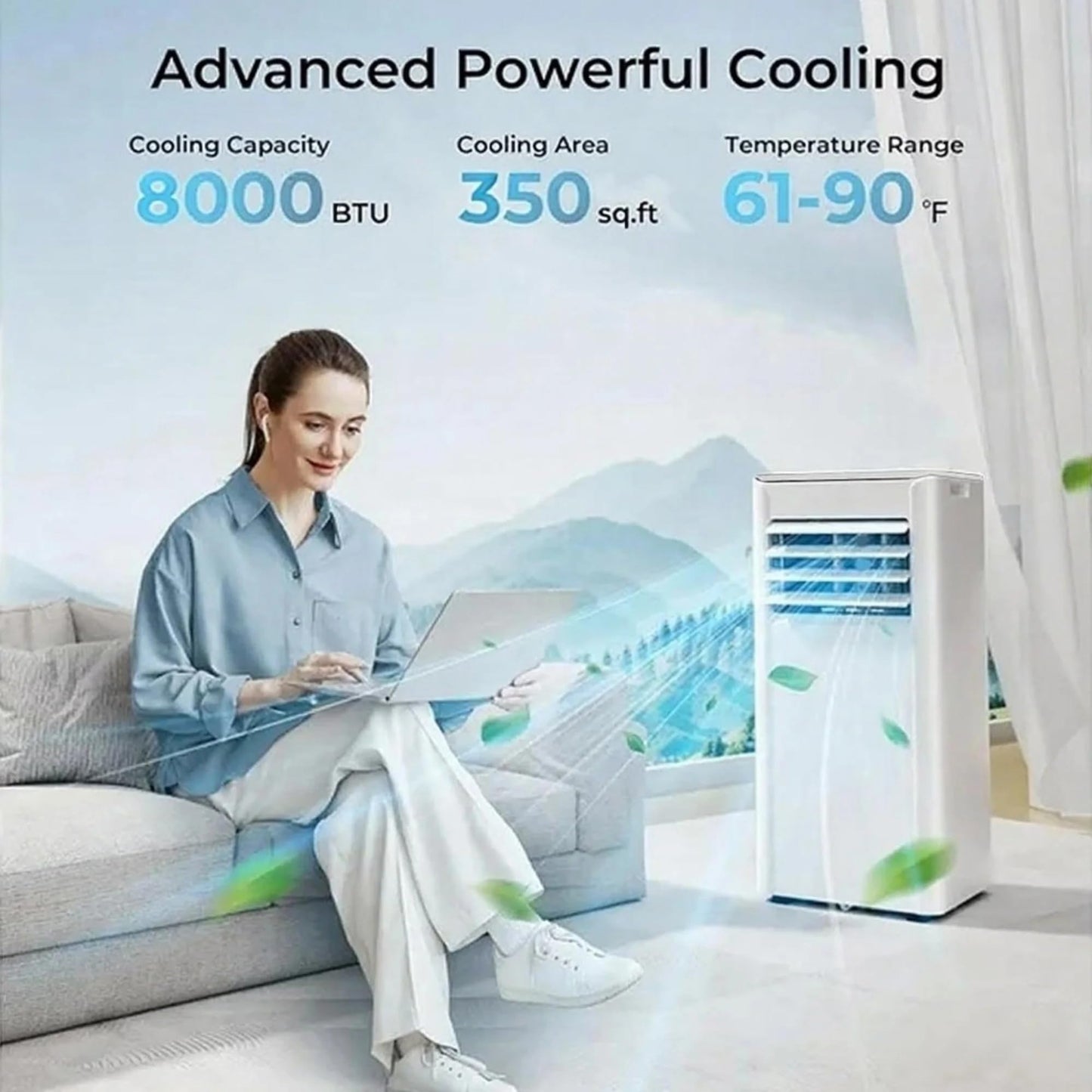 Electactic Portable Air Conditioner 8000 Btu (Ashrae), 3-In-1 Mode Ac Cools Up To 350 Sq. Ft., Led Display & Remote Control, 24H