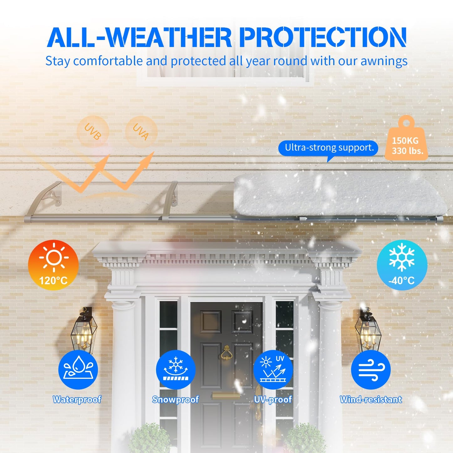 Awning for Door Entrance,40x60 Inch Awnings for Doors with Drainage Sink,Window Canopy Exterior with Aluminum Alloy Bracket,Solid Polycarbonate Cover,UV,Rain,Snow Protection for House,Porch,Patio,Deck