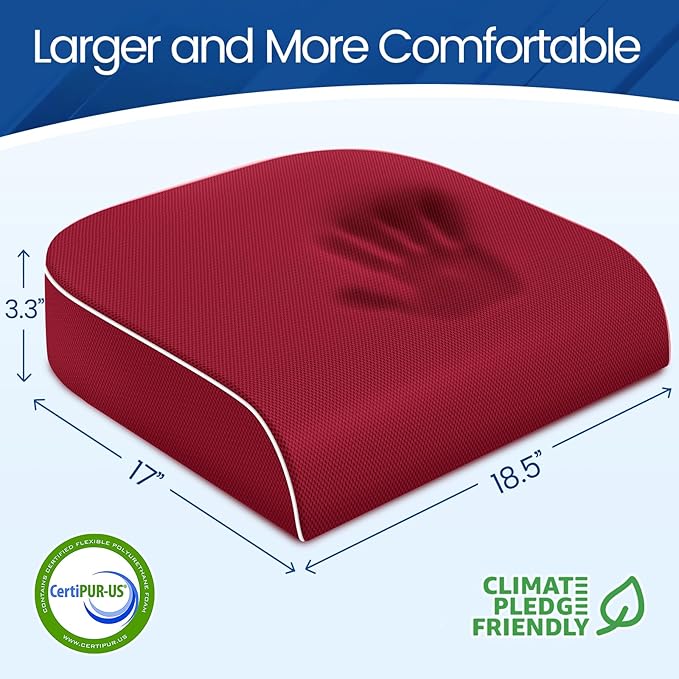 SweetSlubr Seat Cushion for Tailbone Pain Relief, Office Chair Cushion, Memory Foam Large Chair Cushion with Non-Slip Cover for Soft Support at Office Chair, Car Seat, Airplane Red/X-Large