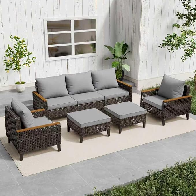 Xmkmvk 7 Piece Patio Sectional Sofa Furniture Set, All-Weather Wicker Rattan Outdoor Conversation Set with High Back and Thick Cushions, for Garden, Porch, Poolside, Gray