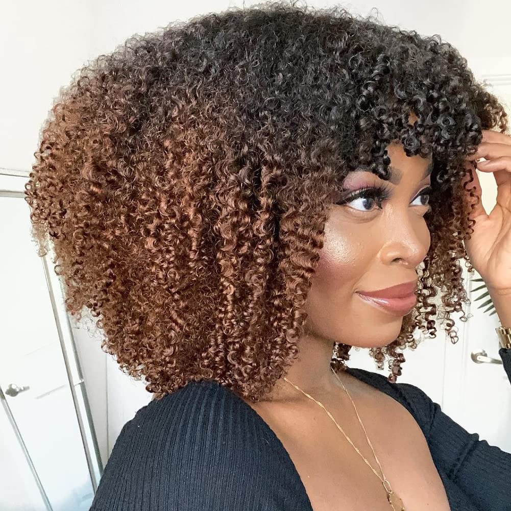 200% Density Ombre Human Hair Wigs Afro Kinky Curly Two Tone Wig With Bangs Brazilian Virgin Human Hair Machine Scalp Top Ombre