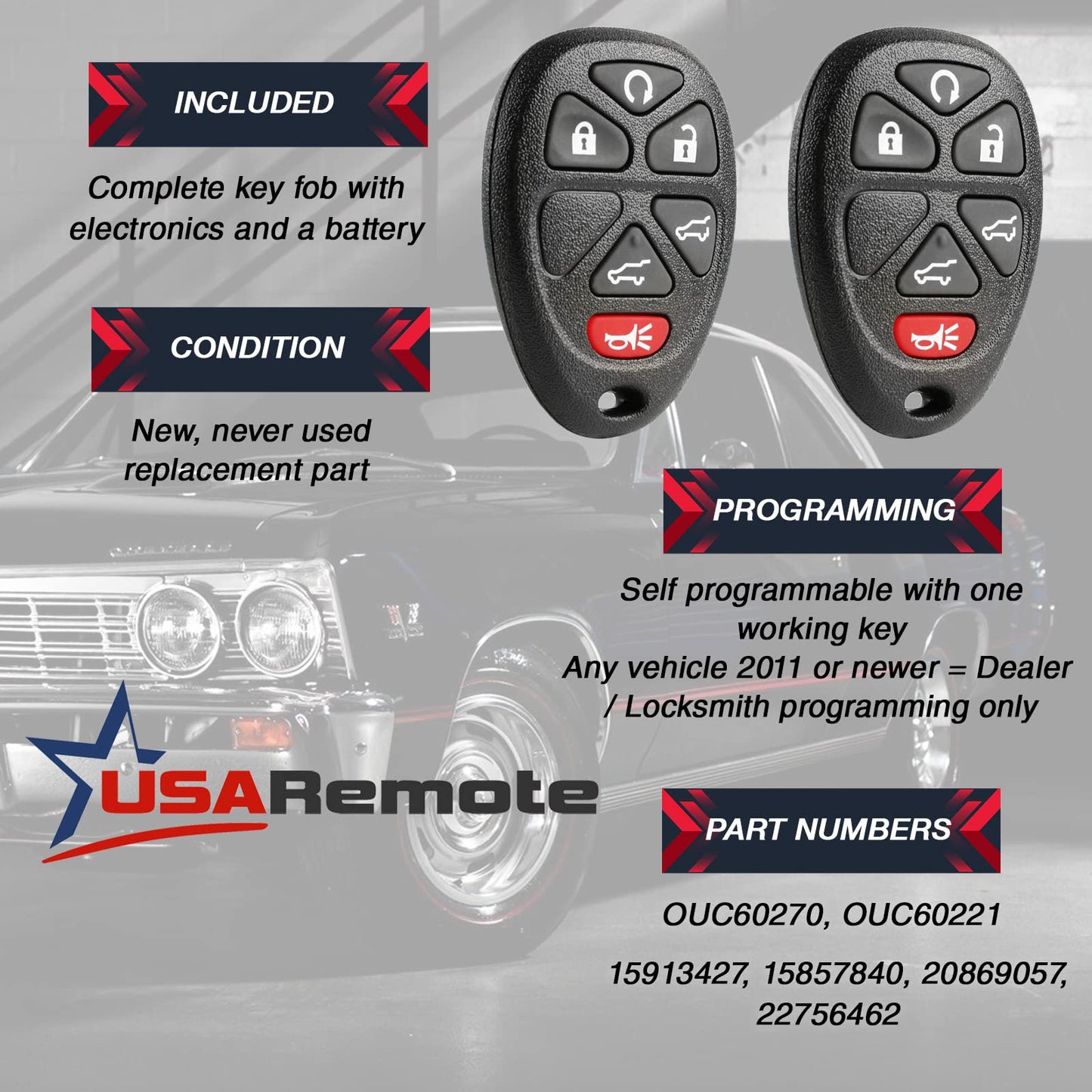 Car Key Fob Keyless Entry Remote With Ignition Key Fits Chevy, Cadillac, Gmc (Ouc60270, Ouc60221), Set Of 2