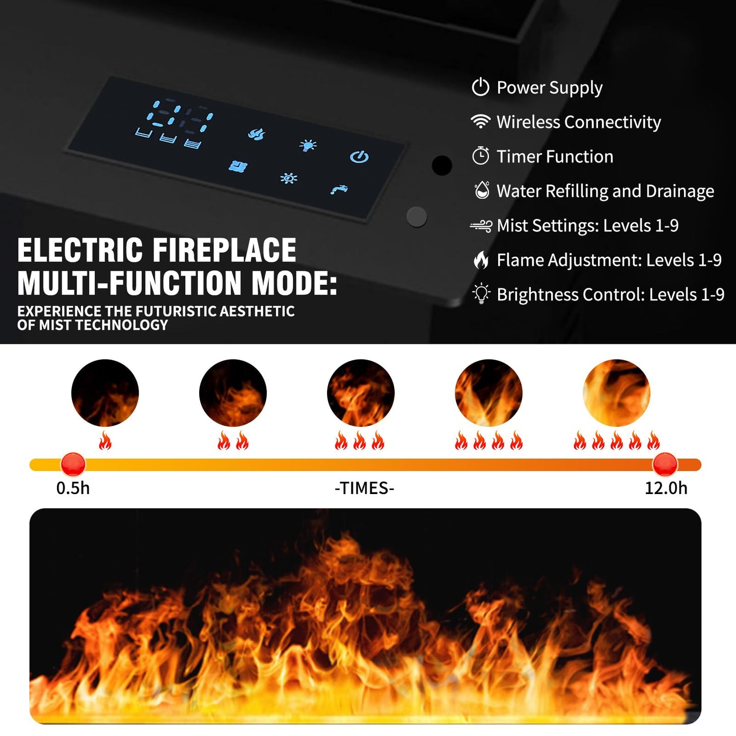 Water Vapor Fireplace Atomized Fake Fire, Recessed Electric Fireplace Humidifier Touchable Atomized Flame Equipped with Remote Control, Adjustable Flame Humidifying Atomization 27 Inch