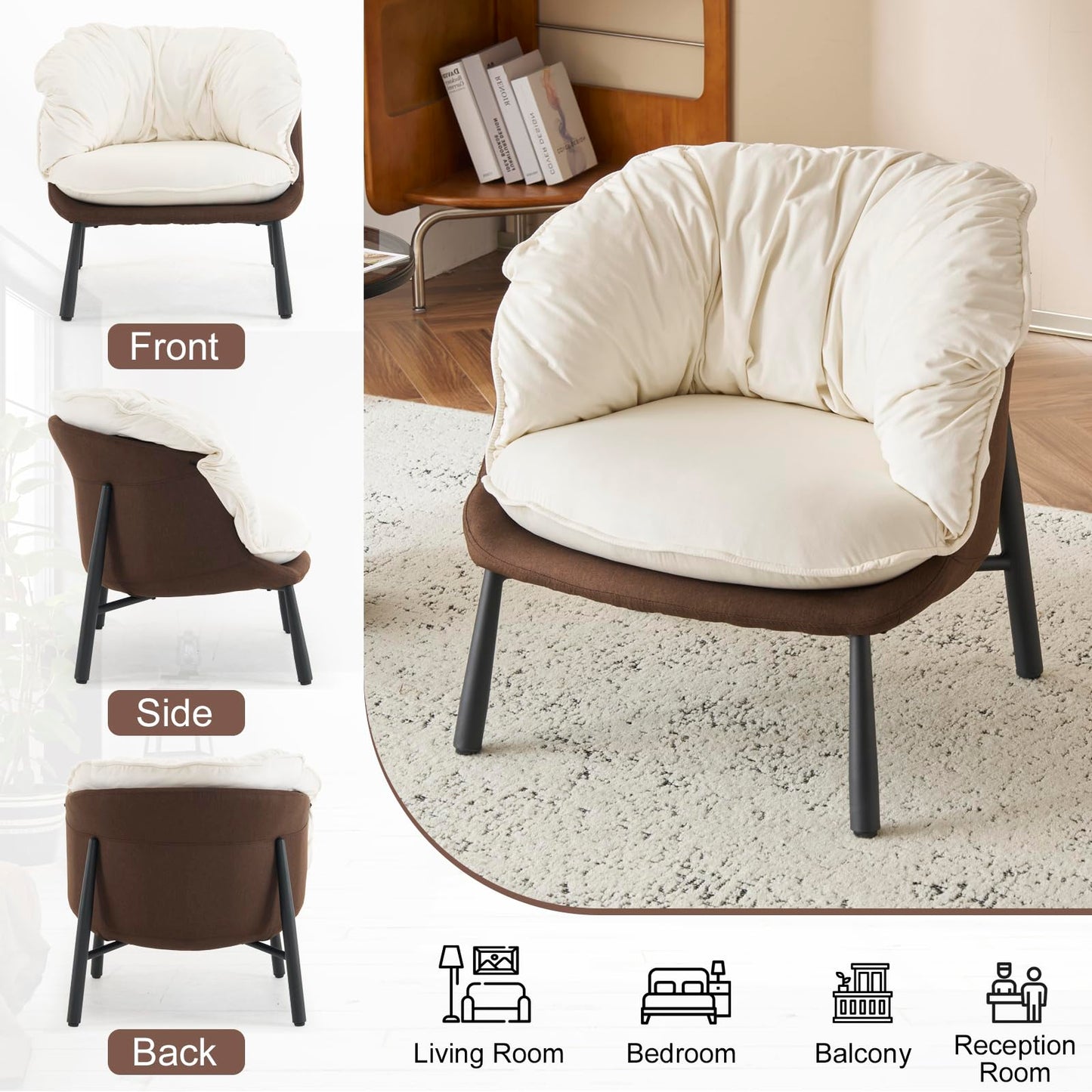 GODECOR Velvet Accent Chair Modern Barrel Chair with Metal Legs Comfy Armchair Accent Reading Chair for Living Room/Bedroom/Study Room/Home Office,Beige & Brown