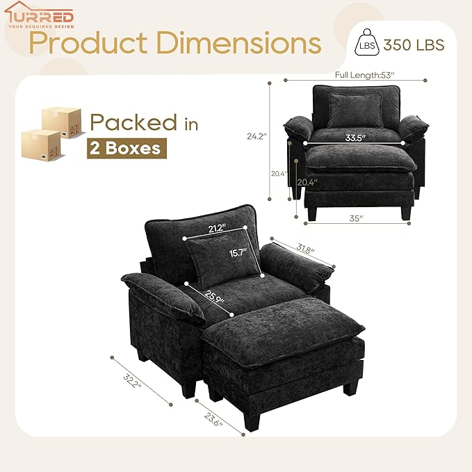 URRED Modular Sectional Sofa Comfy Cloud Couch, Modern Chenille Sofa Sleeper Deep Seat Couches with Ottoman/Pillows for Living Room (Black, 53''- Ottoman)