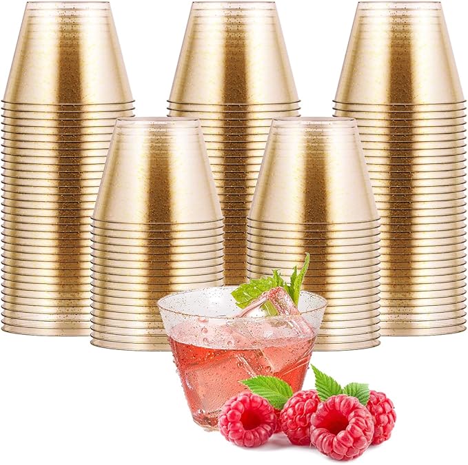 JOLLY CHEF 5 oz 100 Pack Small Glitter Disposable Cups, Glitter Plastic Cups, Disposable Plastic Shot Glasses Perfect for ...
