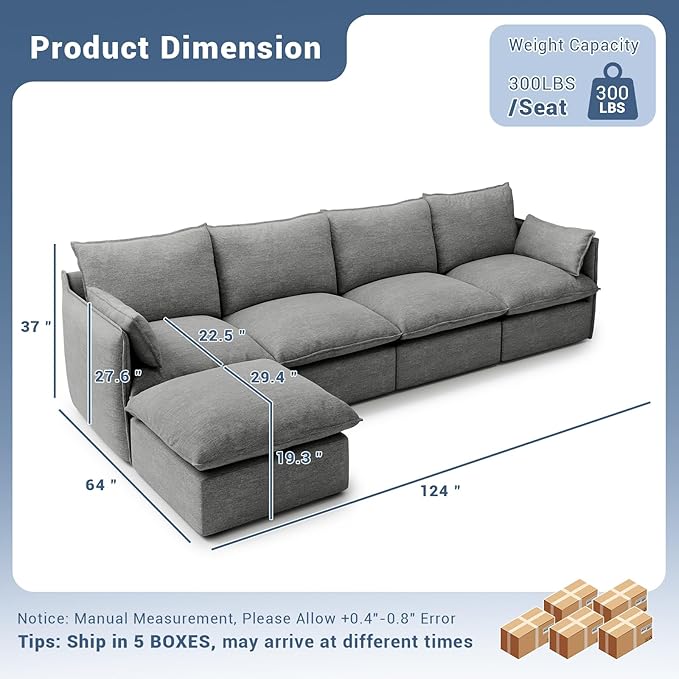 Lopzeho 124" Cloud Modular Sectional Sofa, Waterproof Down Filled Sectional Couch, High Backrest L Shaped 4 Seater Couch with Ottoman, Modern Modular Sofas with Removable Cover, Dark Gray