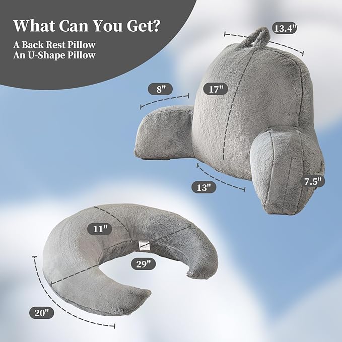 PAJEO Reading Pillow for Bed,U Shaped & Back Support Pillow for Bed,19" Backrest with Lumbar & Arm Support,Luxurious Faux Rabbit Fur,Gaming PillowFor Crochet/Reading/Watching TV,Gray