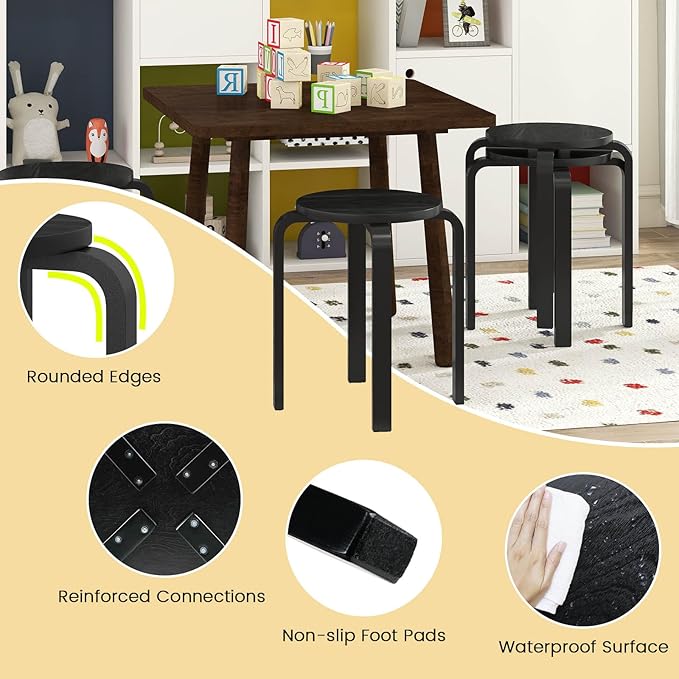 Giantex Stackable Stools Set of 4, 18" Round Stacking Backless Nesting Stools, School Chairs, Flexible Seating for Classroom Elementary, Students, Adults, Kitchen, Dining Room, Black