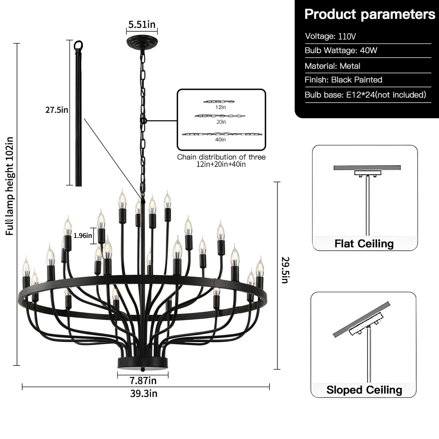 Black Chandelier 24 Light, Modern Farmhouse Chandelier for Dining Room, Round Industrial Candle Chandeliers Light, Wagon Wheel Chandelier 39in 3-Tier for Hallway, Living Room, Foyer, Island Lights