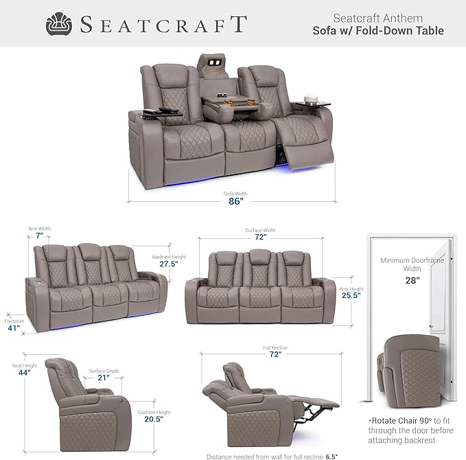 Seatcraft Anthem Italian Leather Sofa w/Fold-Down Table & Loveseat w/Storage Console, Living Room, Power Headrest, Power Recline, Gray
