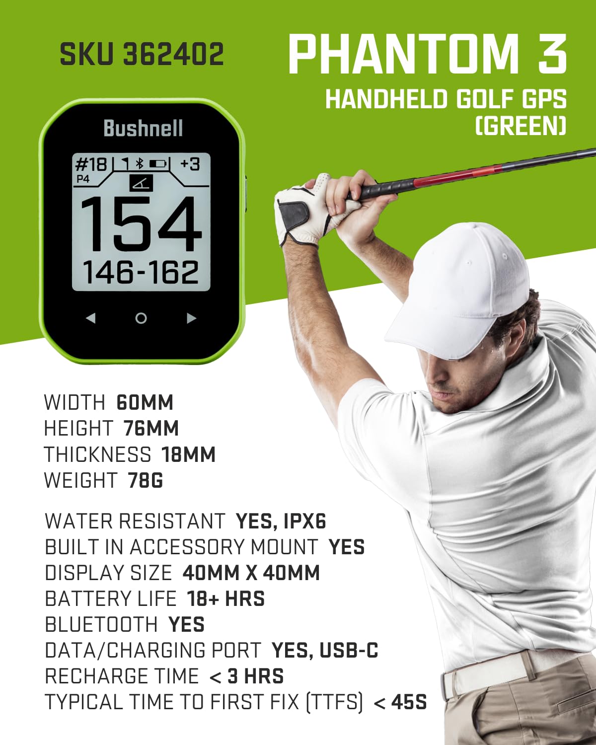 Wearable4U - Bushnell Phantom 3 Gps Rangefinder Green With Bite Magnetic Mount And Greenview With Lens Cleaning Cloth Bundle