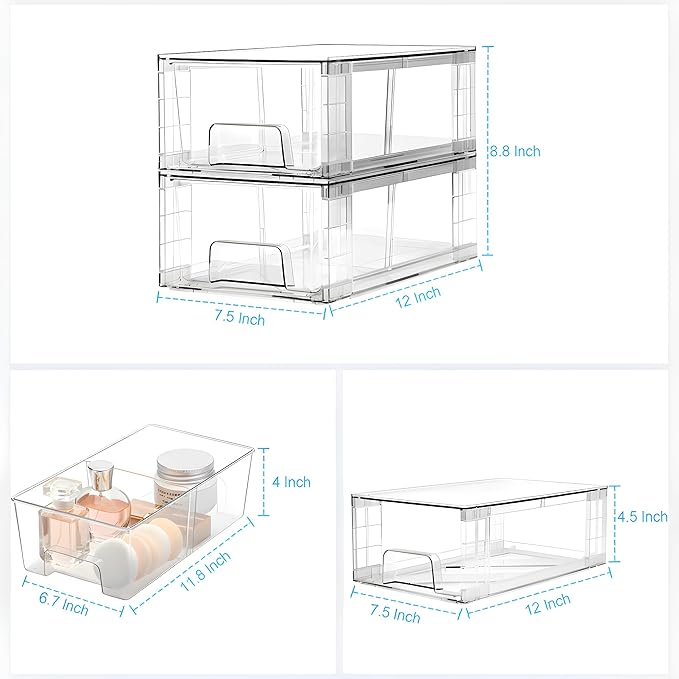 4 Pack Stackable Storage Drawers,Plastic Organizers Bins, Drawers Storage with Handles and Movable Dividers for Organization and Storage in Fridge,Dressers, Pantry, Kitchen Cabinets, Under Sink