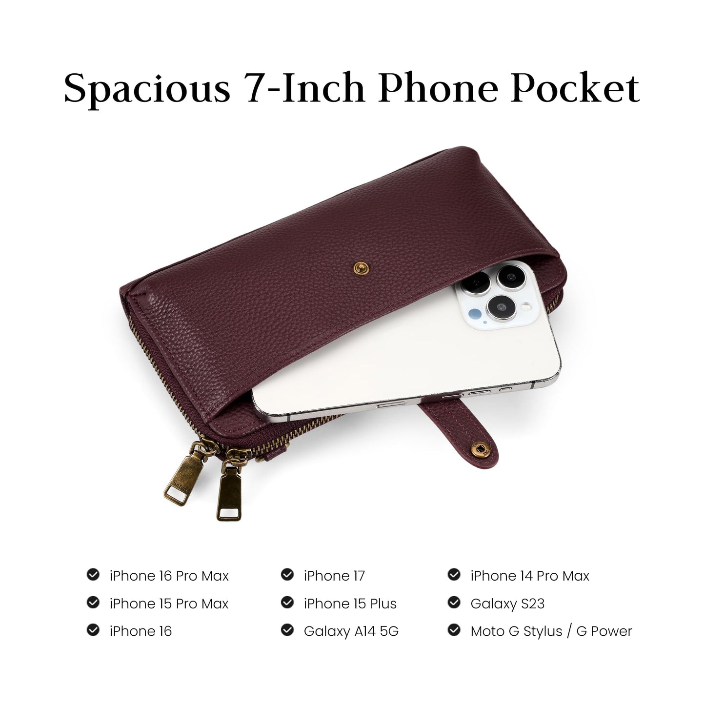 befen Genuine Leather Clutch Purse for Women Burgundy Purse with Built in Wallet RFID Wristlet Wallets Cell Phone Crossbody Travel Soft Real Leather Crossbody Bags Small Wristlet Clutch with 2 Straps