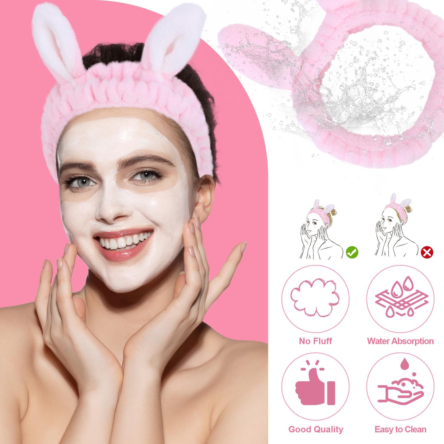 Cute pink Rabbit Ears Headband Frog Eye Elastic to Wash Face for Women Makeup Shower Spa (1 Pack)