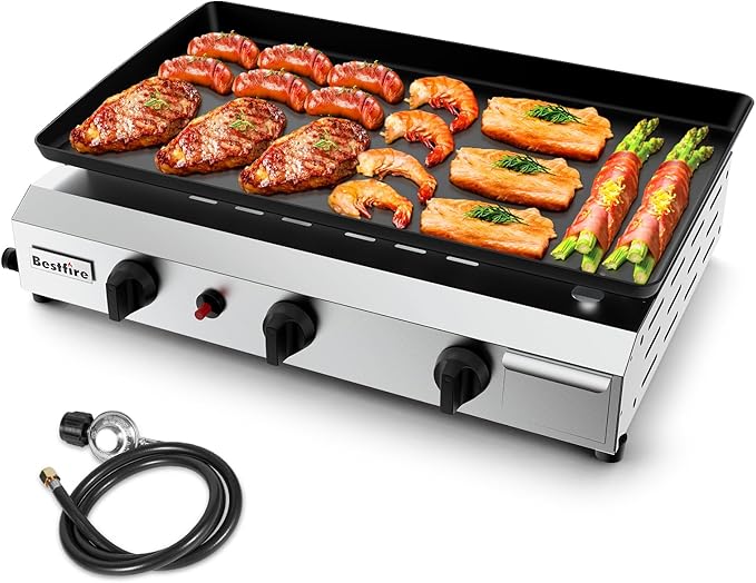 Bestfire 3 Burner Flat Top Gas Griddle - 23 Inch Outdoor Propane Griddle with 30000 BTU, Portable Propane-Fuelled Grill St...