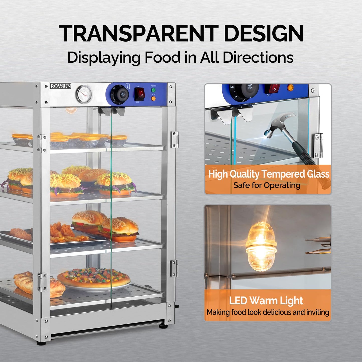 ROVSUN 4-Tier Commercial Food Warmer Pizza Warmer Countertop, Food Warmer Display with LED Lighting Removable Shelves Glass Door, Pretzel Warmer for Buffet Restaurant Cafe, 110V 800W
