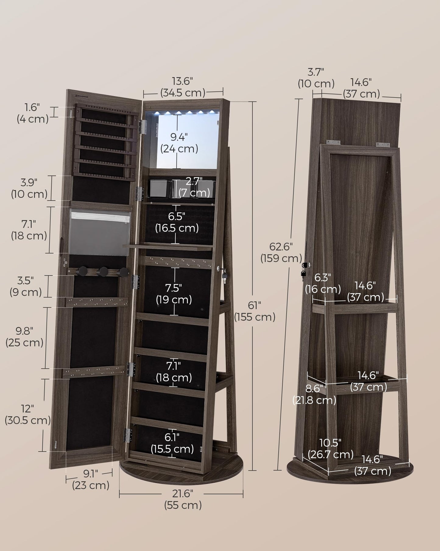 SONGMICS LED Jewelry Cabinet Standing, Lockable Armoire With Full-Length Mirror and Adjustable Lights, Space-Saving Organizer, Gift Idea, Ash Brown UJJC008K02