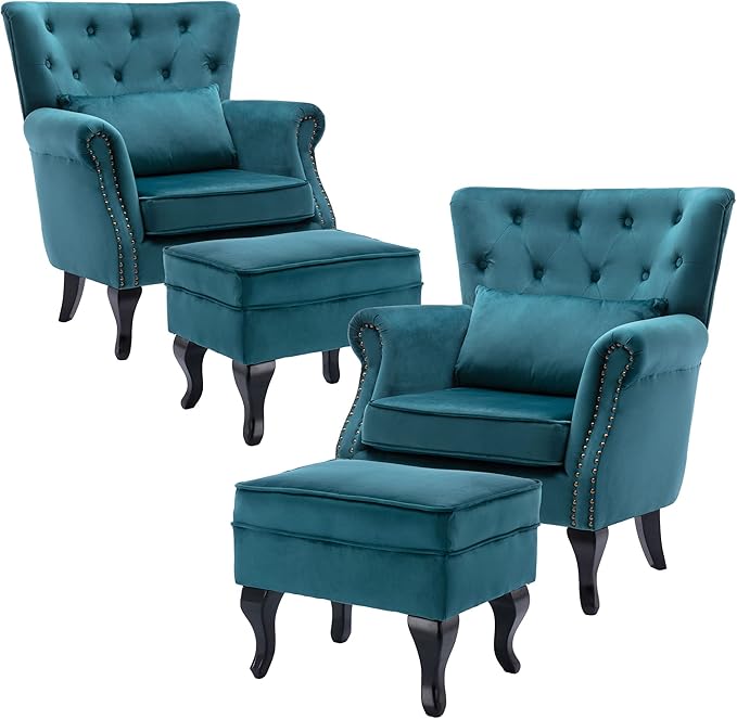 DM Furniture Accent Chairs with Ottoman Set of 2 Velvet Wingback Club Chair Upholstered Reading Chair Lounge Chairs with Wood Legs/Button Tufted Back for Bedroom Living Room, Teal Blue