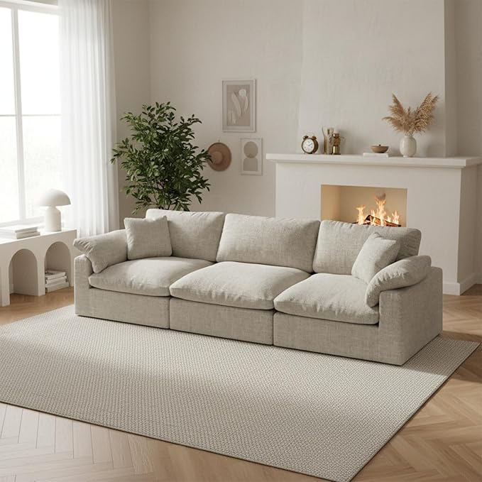 Forest aesthetics Modular Cloud Sofa,Convertible 3-Seater Set,Extra Deep Seat Down Filled Seat, Washable & Replaceable Cushion Covers for Living Room,Apartment,Light Beige