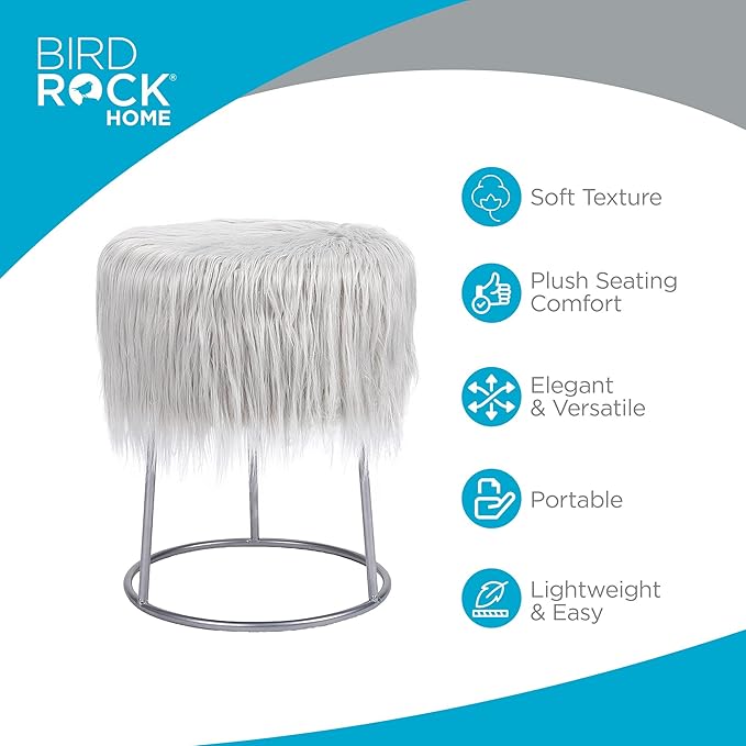 BIRDROCK HOME Round Faux Fur Foot Stool - Small Padded Ottoman with Soft Cushion for Living Room, Bedroom, or MakeUp Room - Modern Upholstered Accent Chair, Vanity Seat, Footrest for Couch/Sofa - Grey